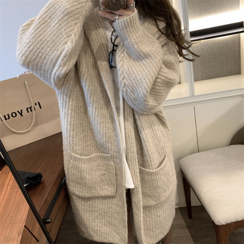 Autumn and winter lazy style thickened long sweater jacket women's casual slim hooded pocket knitted cardigan