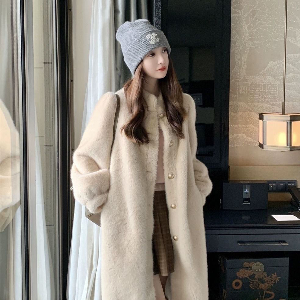 2023 autumn and winter new style cotton thickened coat women's mid-length imitation rabbit fur eco-friendly fur imitation fur stand collar coat