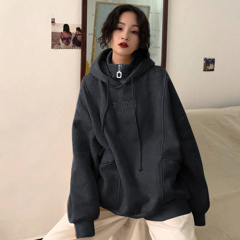 Fat sister large size fake two-piece hooded sweatshirt women ins winter loose Harajuku style embroidered velvet zipper jacket