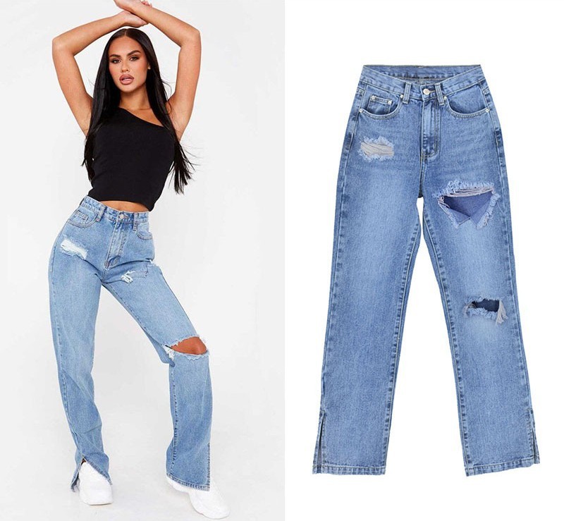European and American fashion high-waist slim straight denim trousers floor-length trousers ripped leg slits drape slightly flared trousers