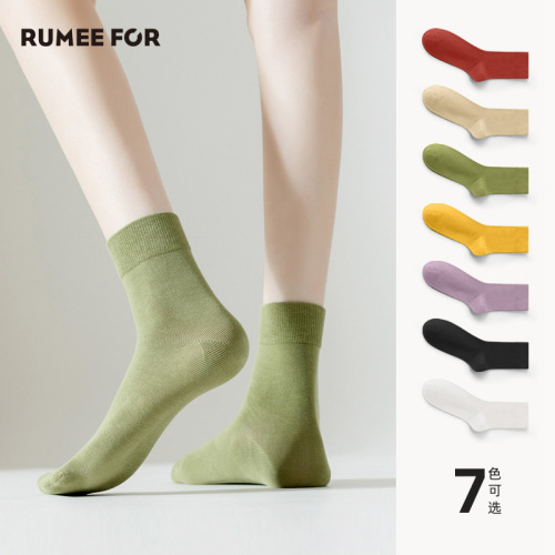 100 cotton solid color socks for women autumn breathable pure cotton deodorant women's mid-calf socks black stockings