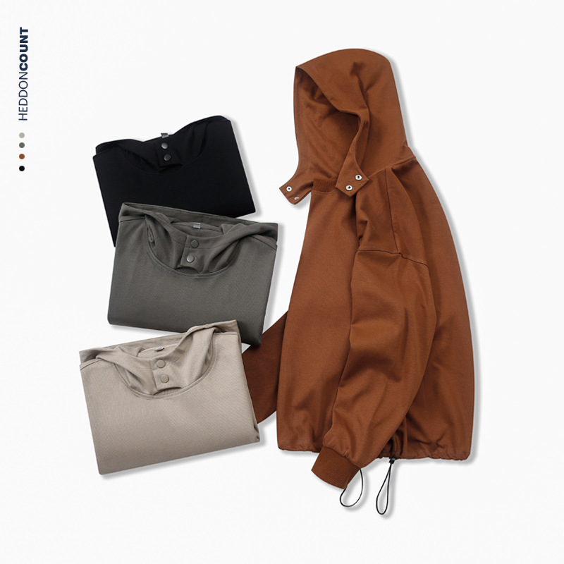 Denjue Men's Autumn new hooded sweatshirt 320g twill double-sided cotton metal buckle windproof hood trendy brand sweatshirt