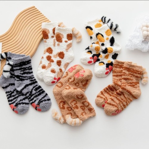 Cartoon thickened warm sleep socks Japanese silicone cross-border floor cat tail coral velvet mid-tube socks