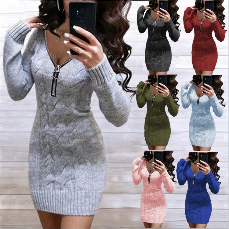New foreign trade women's clothing AliExpress sweater European and American sweater mid-length zipper v-neck coat dress