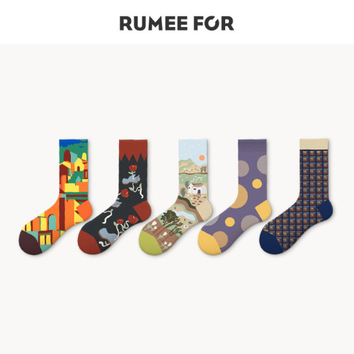 Lumi French oil painting socks men's mid-calf socks women's ins trend European and American street creative personality retro couple stockings