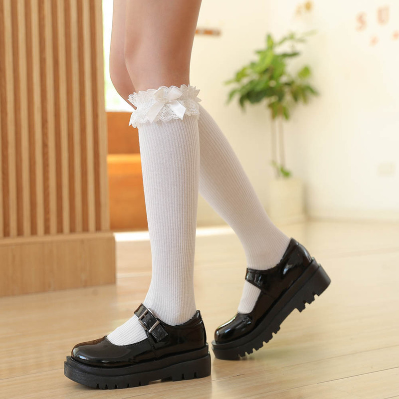 White lace lolita calf socks jk socks women's mid-calf long lace Japanese white cotton socks half-leg lolita