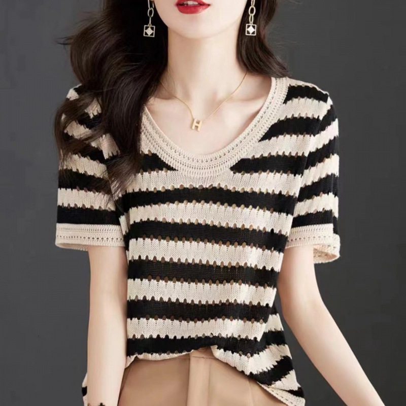 Ice silk striped short-sleeved T-shirt women's summer new style hollow sweater T-shirt thin section