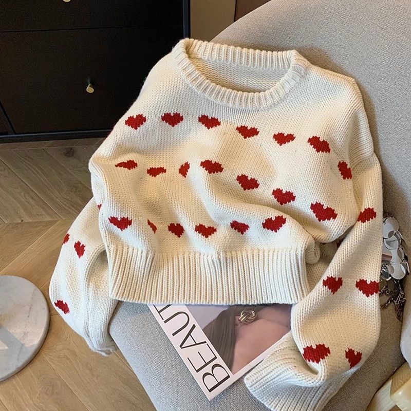 Sweet and cute love fashion jacquard sweater autumn and winter lazy 2023 new loose round neck sweater short style
