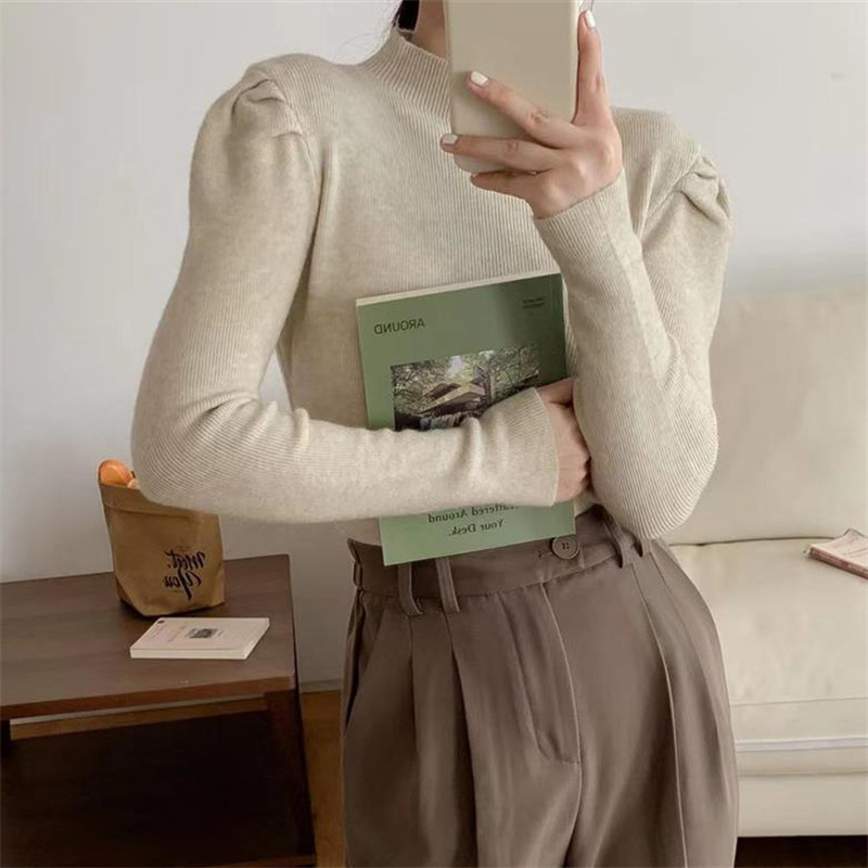 Puff sleeve knitted bottoming shirt for women in autumn and winter new fashion half turtleneck solid color inner sweater women's top trendy