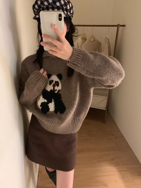 Korean retro red panda lapel pullover sweater for women autumn and winter 2023 new super nice loose knitted sweater top