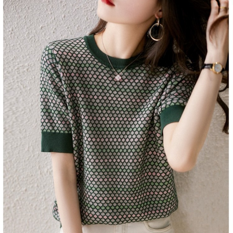 Nordic simple style summer new fish scale plaid color-blocking short-sleeved knitted T-shirt