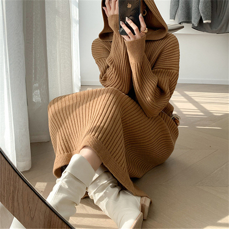 French lazy style autumn and winter women's design solid color hooded loose fashion knitted bottoming dress for women