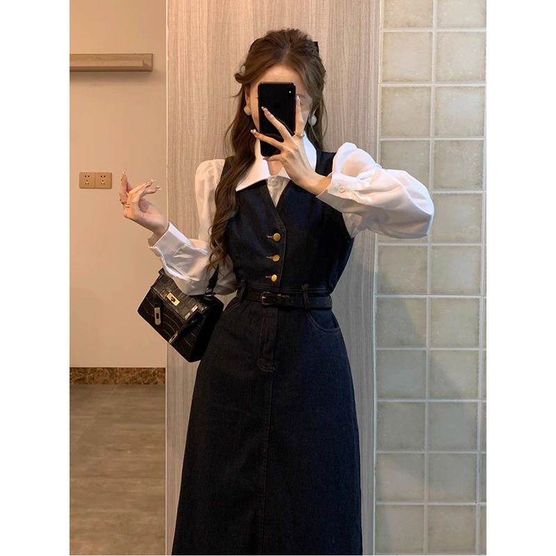 Long denim skirt for women autumn new slit temperament retro waist slim shirt dress suit vest skirt