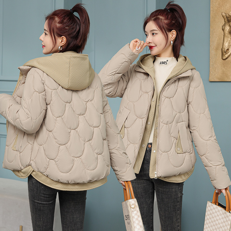 European station light and short down jacket women's hooded splicing fake two-piece cotton coat winter fashion warm small coat