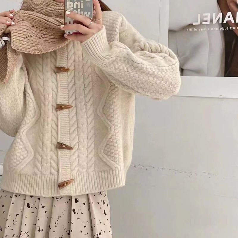 Autumn new style lazy style twist sweater for women Korean style solid color round neck horn button knitted cardigan for women