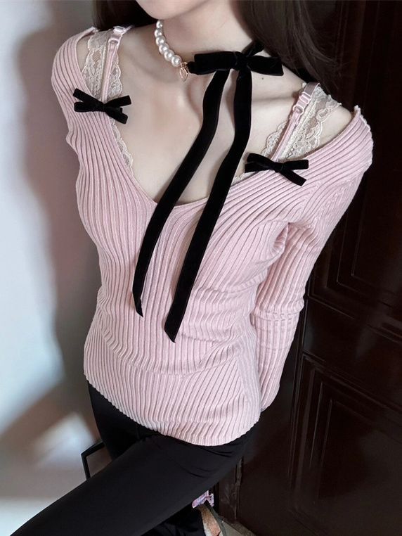 French sweet pure desire women's autumn and winter new Korean style loose solid color low-neck slimming knitted bottoming top
