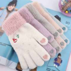 New winter velvet warm full-finger gloves, women's knitted touch-screen finger gloves, cartoon snowman gloves for adults
