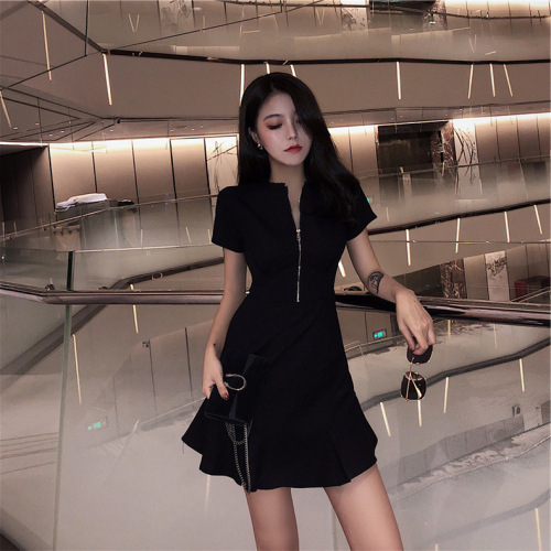 European station new summer style Korean style lazy style fishtail skirt social women little black dress dress women