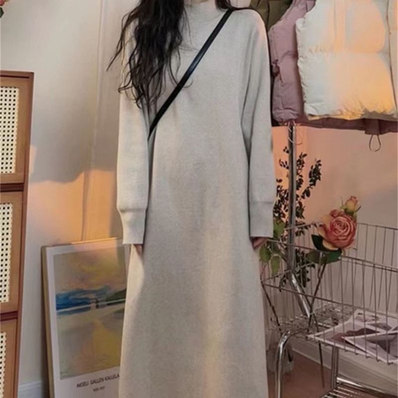 Long tassel raw edge knitted dress for women autumn and winter new loose Korean style long-sleeved bottoming skirt for women