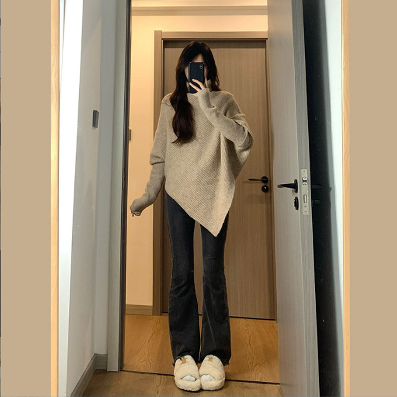 High collar irregular niche design sweater for women autumn and winter Korean style loose lazy style soft waxy knitted top thickened