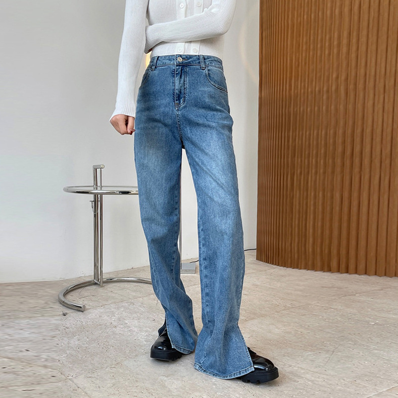 Louvre spring American retro slim design high waist slit jeans straight slim trousers for women X0258