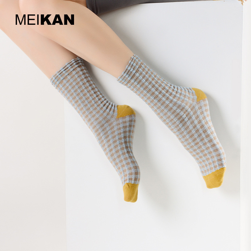 MEIKAN bright silk three-dimensional relief mid-calf fashion socks retro fine plaid pattern women's socks personalized matching socks
