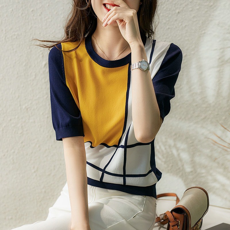 Ice silk knitted short-sleeved T-shirt for women in summer new Korean style thin loose slimming color block top bottoming shirt