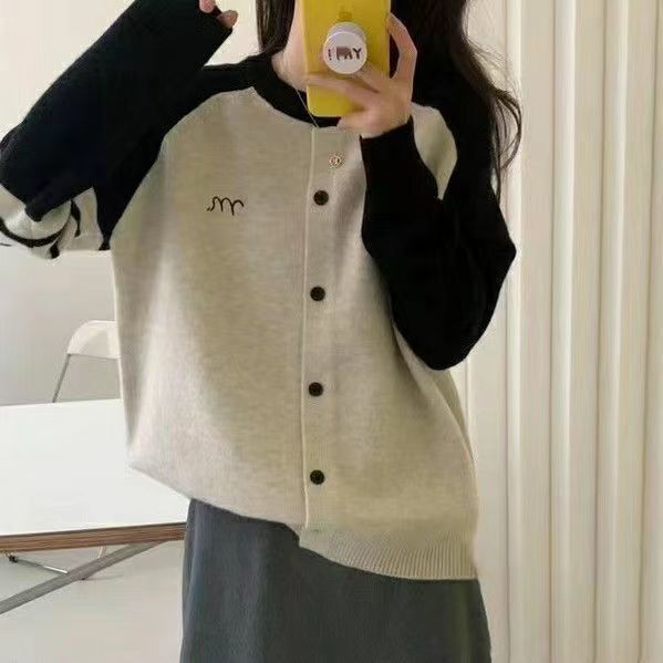2023 Autumn Contrast Color Round Neck Raglan Sleeve Back Rabbit Jacquard Knitted Cardigan Women's Jacket Casual Outer Sweater