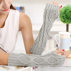 Autumn and winter lady's wool knitted rhombus sleeves half-finger length 30cm warm fingerless gloves