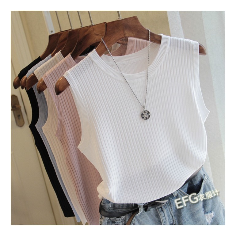 Summer new women's clothing women's wide shoulder strap round neck thin sleeveless ice silk top solid color sweater