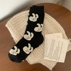 Korean summer socks for women, mid-calf polka dot cartoon Japanese rabbit mid-calf socks, black creative illustration cotton socks for women