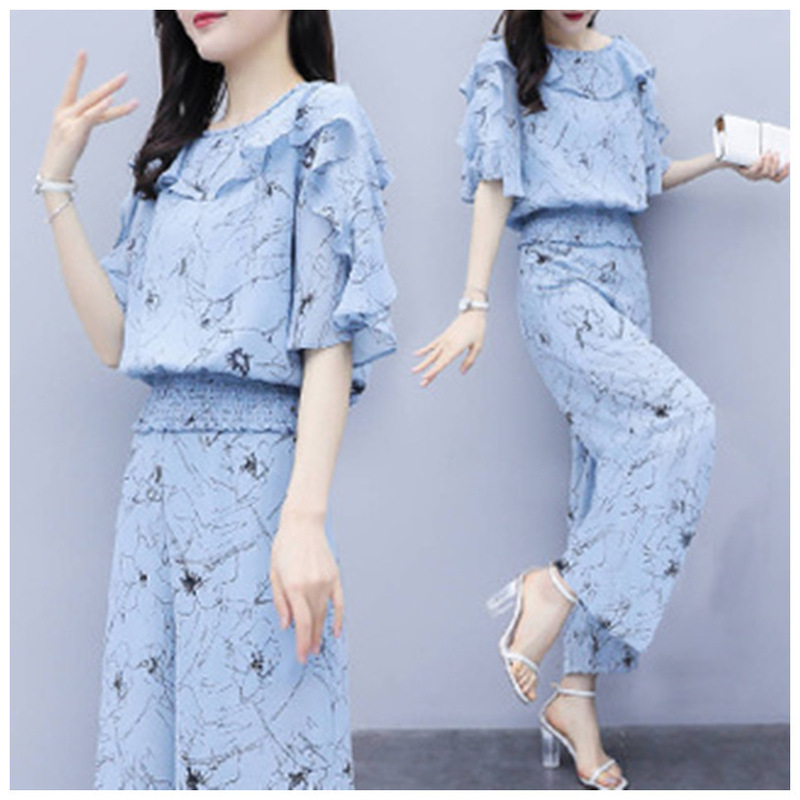 Women's Suit New Women's Summer Two-piece Suit Floral Top Wide Leg Pants Casual Fashion Suit