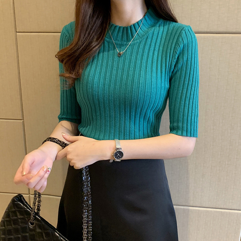 Spring and Autumn new style slim-fitting mid-sleeve sweater for women, pullover sweater with bottoming shirt, gentle style short top