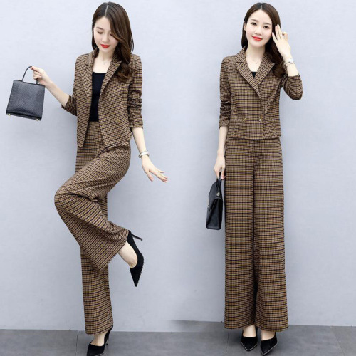 Early autumn new Korean style trousers, fashionable temperament, western style plaid wide-leg pants two-piece suit for women