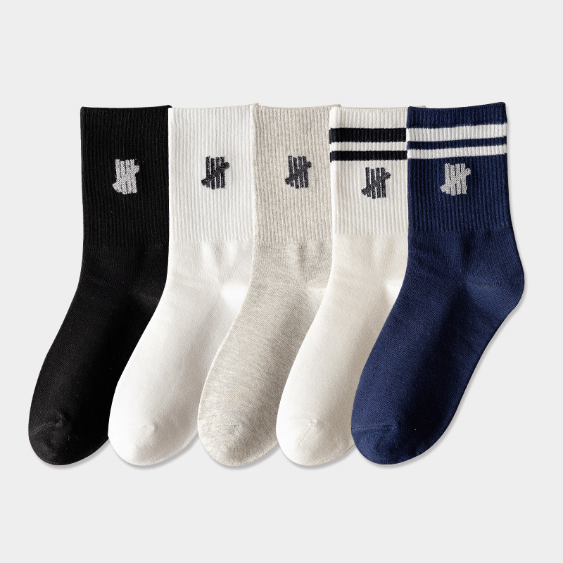 Socks Men's autumn and winter mid-calf men's socks solid color versatile cotton ruffled two-bar college style black and white stockings