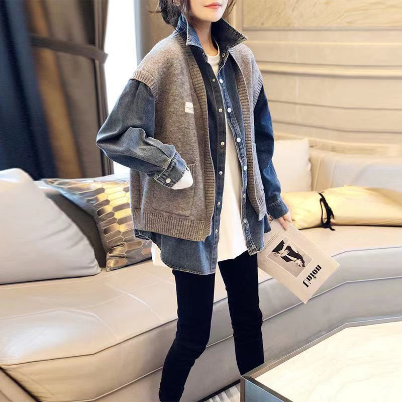 European station denim shirt patchwork jacket spring and autumn new fashion women's fake two-piece knitted cardigan wholesale