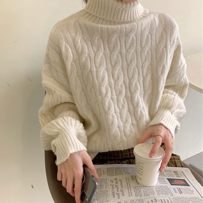 Turtleneck Twist Sweater Women's Autumn and Winter Korean Style Loose Lazy Style Sweater Retro Hong Kong Style Thickened Sweater for Outerwear