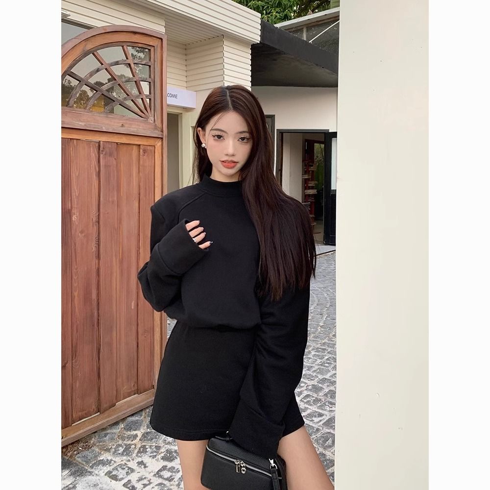Casual suit spring and autumn Korean style velvet thickened long-sleeved sweatshirt for women + elastic waist slit skirt two-piece set