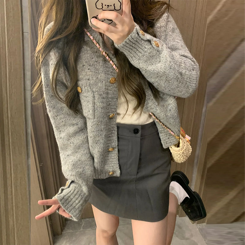 Gray knitted cardigan for women spring and autumn 2023 new early spring chic small fragrance style sweater jacket with a high-end feel