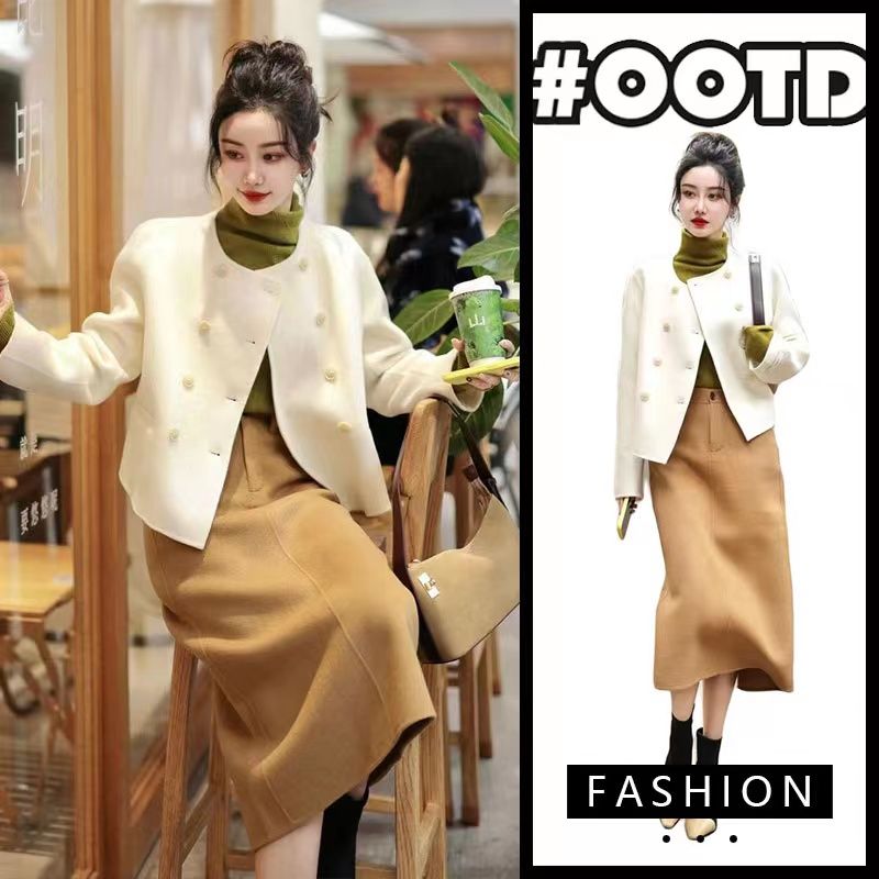 Suit women's autumn and winter temperament woolen coat, sweater, half-length skirt, small fragrant style suit skirt three-piece set