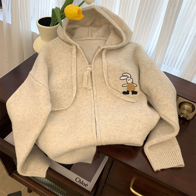 New autumn and winter rabbit embroidered hooded sweater jacket for women Korean style college style loose and versatile knitted cardigan top
