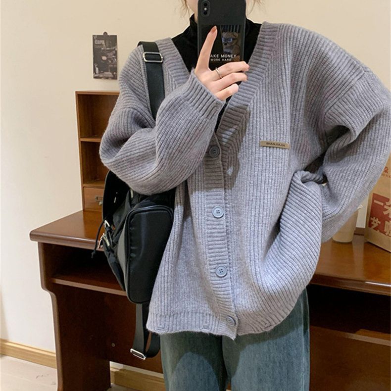 Japanese retro solid color V-neck long-sleeved knitted cardigan for women in autumn and winter thickened loose soft waxy lazy style sweater jacket