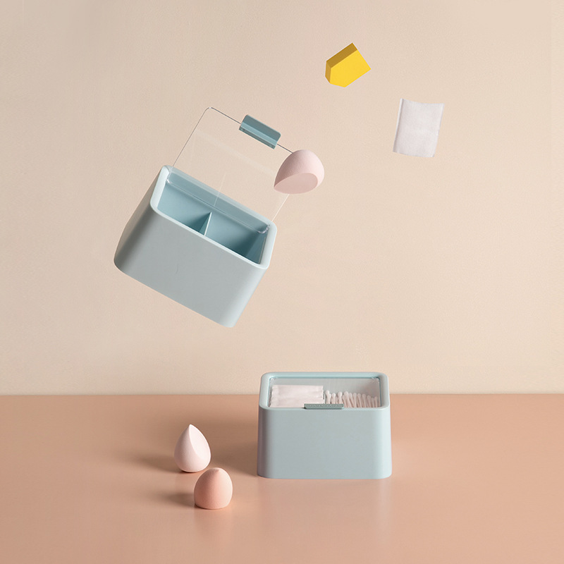 Transparent cotton storage box with lid, lipstick beauty egg storage box, double-layer compartment desktop cotton swab storage box