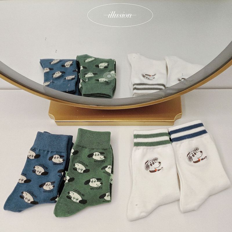 Winter new socks Japanese style puppy striped mid-calf white cotton socks embroidered dog head ins women's trendy socks