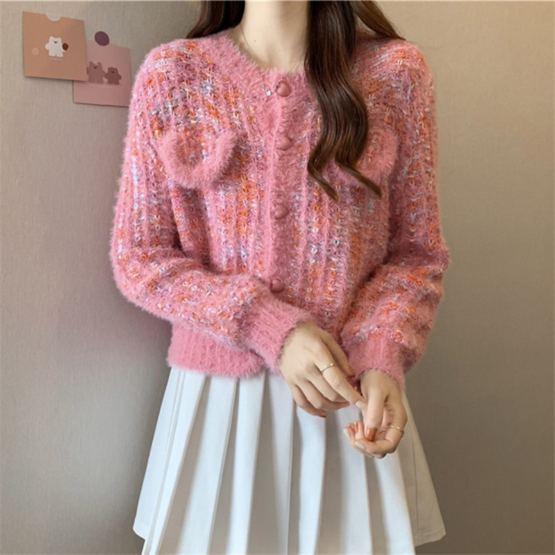 Internet celebrity Xiaoxiangfeng short knitted cardigan for women spring new style French contrast sweater jacket factory wholesale
