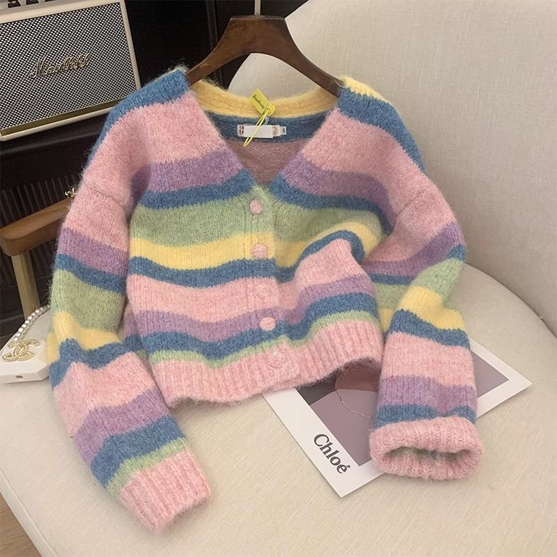 Sweater women's autumn and winter rainbow striped sweater cardigan sweater coat soft and lazy style striped