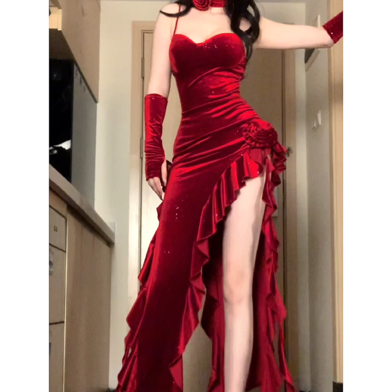 [Super Slim Series] Fat mm Christmas Red Dress Velvet Ribbon Atmosphere Temperament Dress Long Skirt for Women