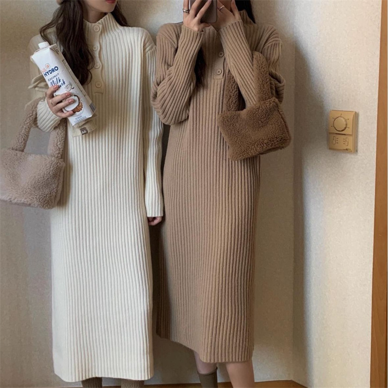 Autumn Korean style stand collar knitted dress women's casual versatile slimming sweater women's over-the-knee long skirt