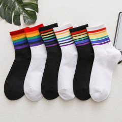New rainbow striped socks for women, autumn and winter ruffled horizontal striped cotton mid-calf women's socks, personalized street style cotton socks