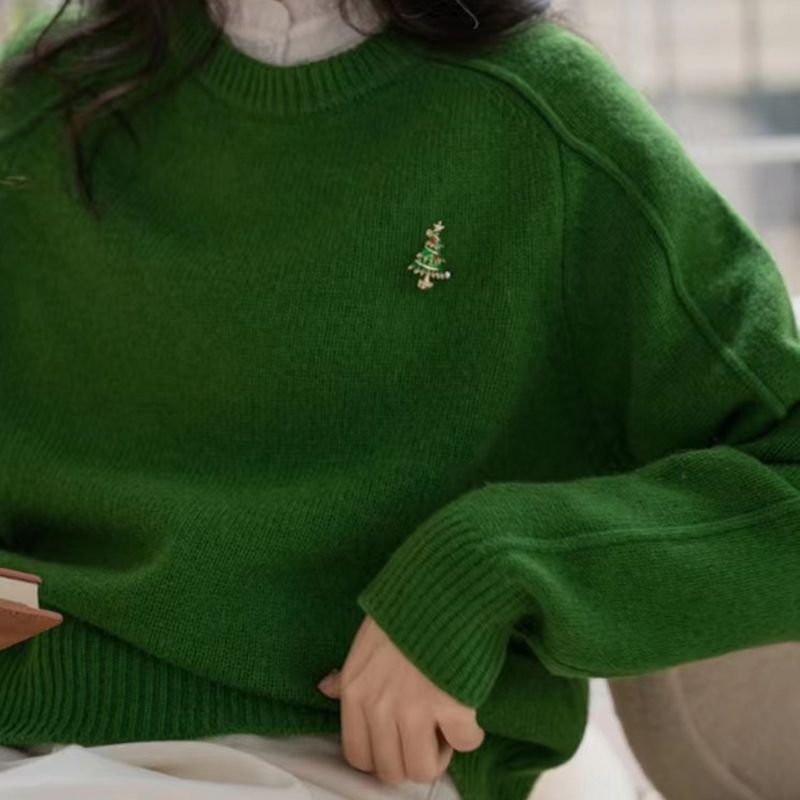 Atmospheric New Year's red round neck embroidered sweater for women in autumn and winter new style high-end loose lazy style knitted